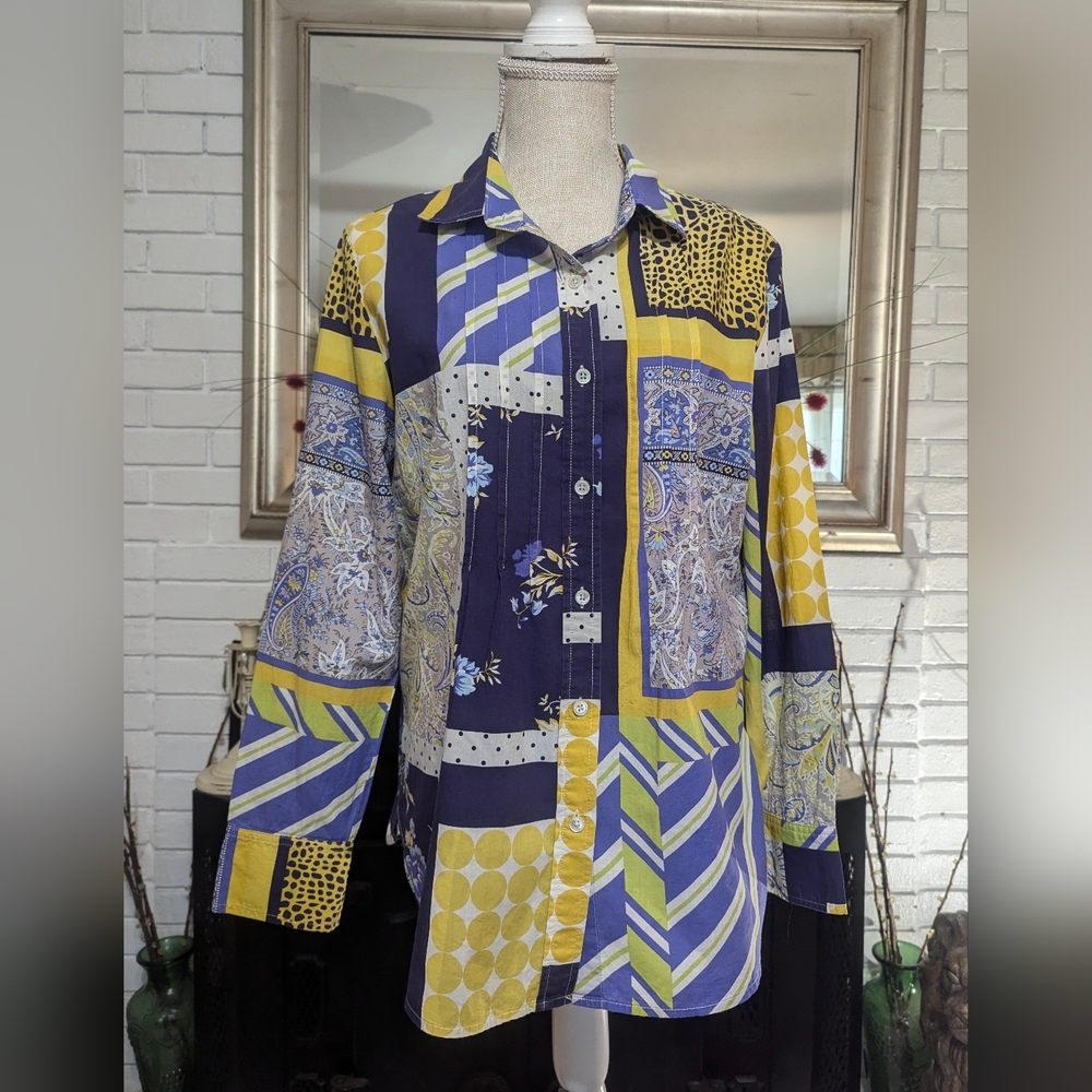 Elliott Lauren Blue Yellow Graphic Buttoned Blouse